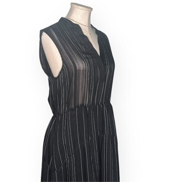 VINCE Draped Pinstripe A-Line Midi Black Dress Striped Coastal Preppy Minimalist - Picture 6 of 15